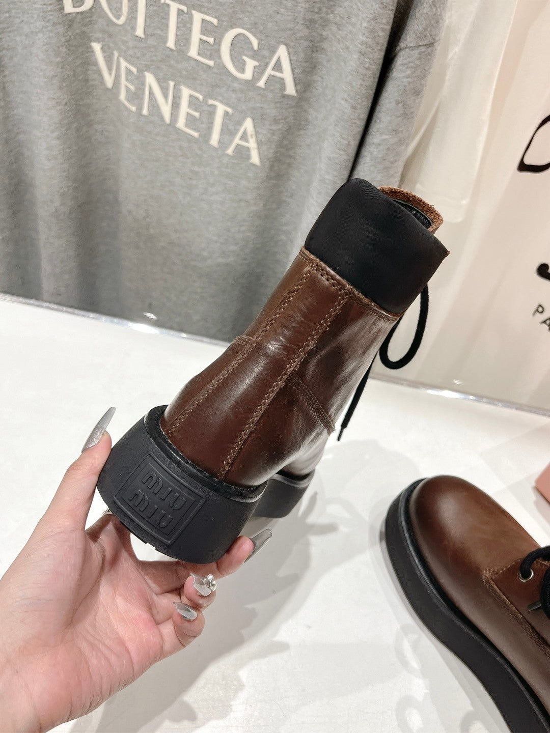 Miu Lace-Up Boots Syrup Brown Waxed Calfskin