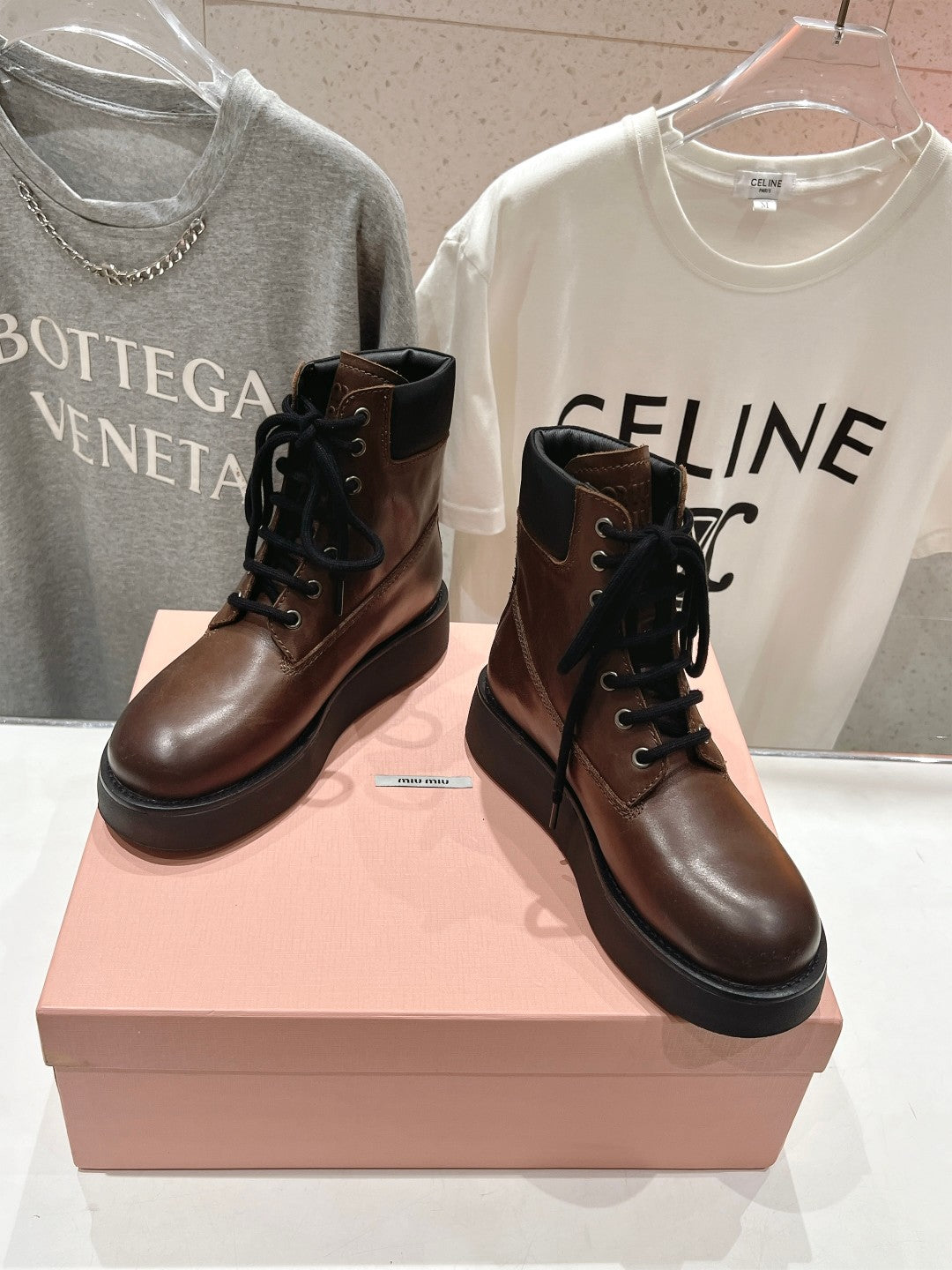 Miu Lace-Up Boots Syrup Brown Waxed Calfskin