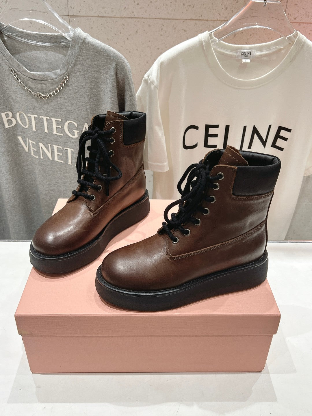 Miu Lace-Up Boots Syrup Brown Waxed Calfskin