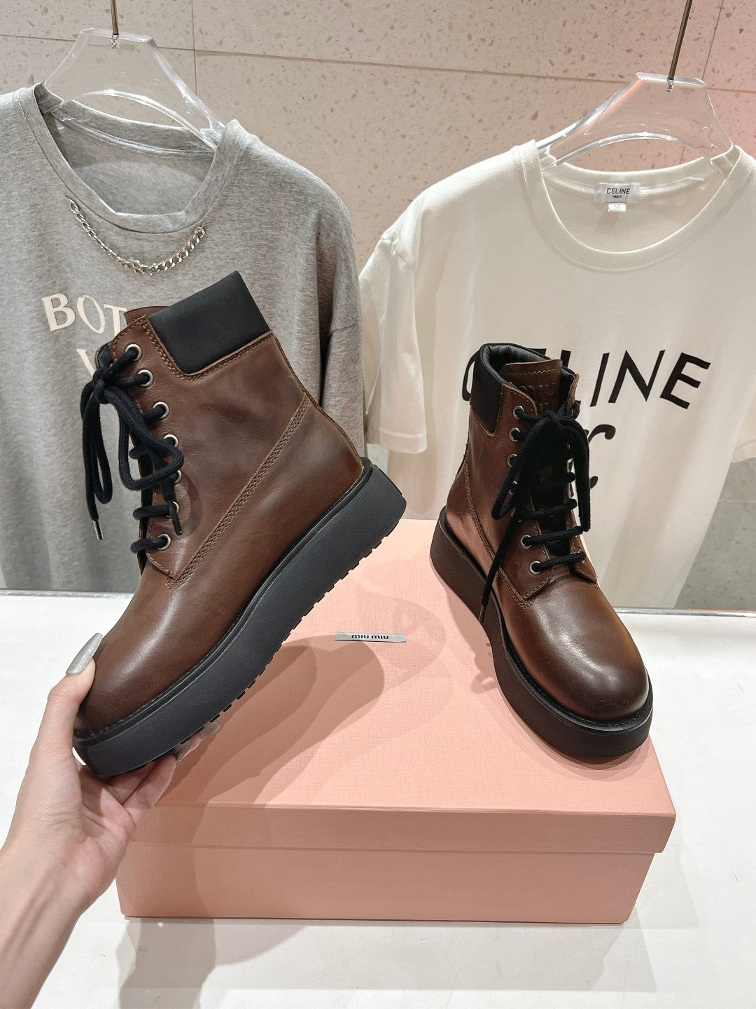 Miu Lace-Up Boots Syrup Brown Waxed Calfskin