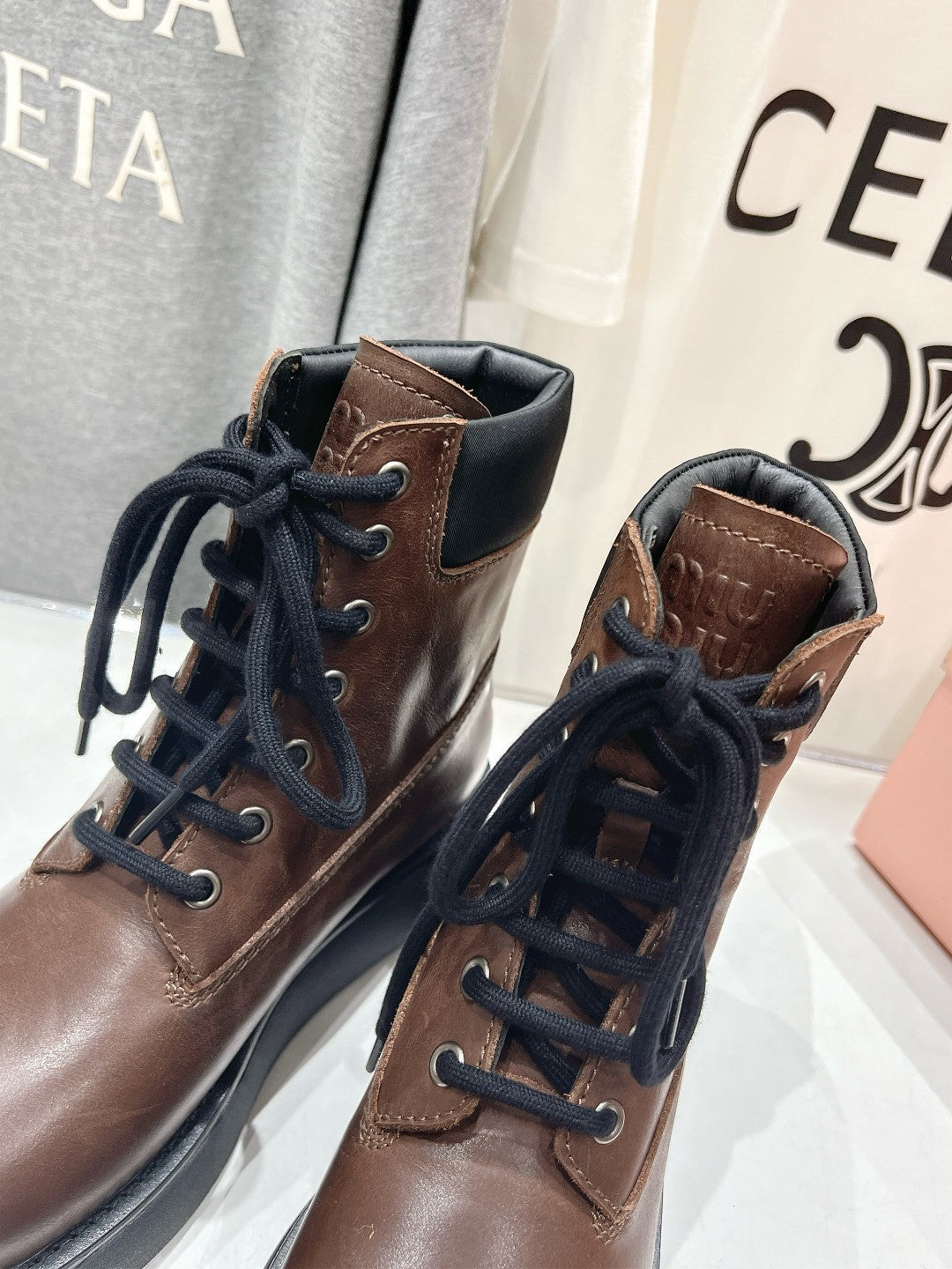 Miu Lace-Up Boots Syrup Brown Waxed Calfskin