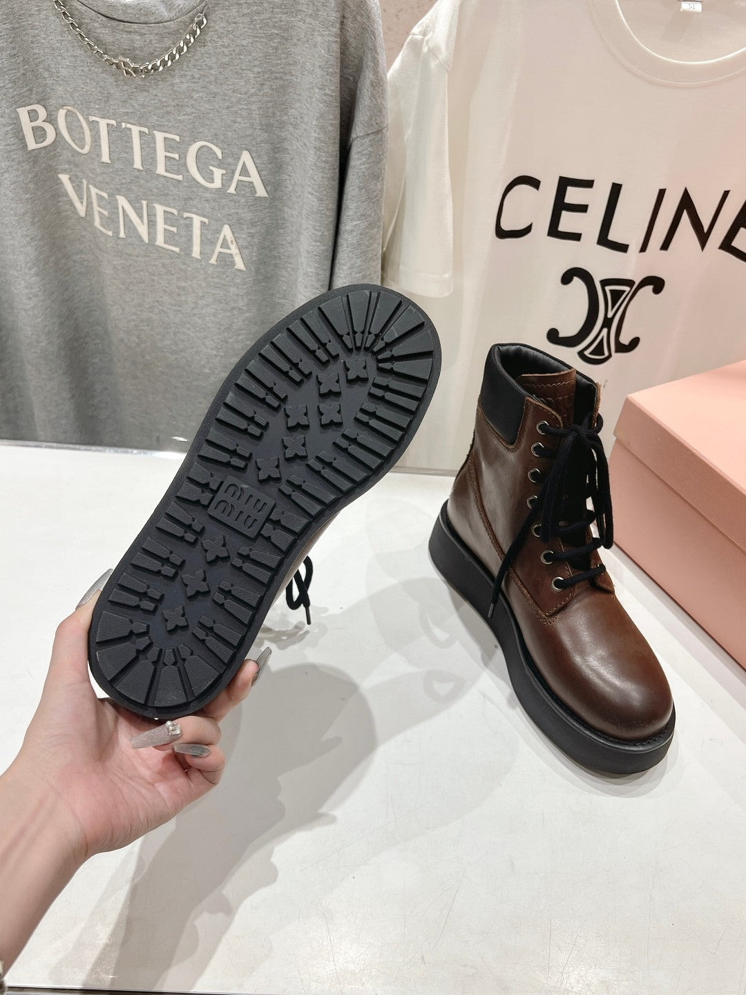 Miu Lace-Up Boots Syrup Brown Waxed Calfskin