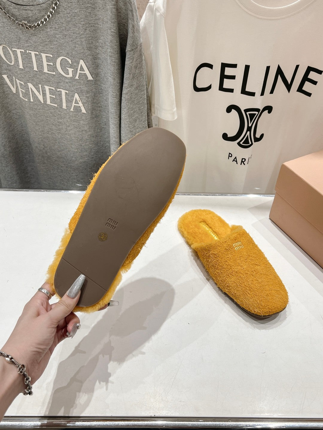 Miu Slippers Dark Yellow Imported Sheepskin