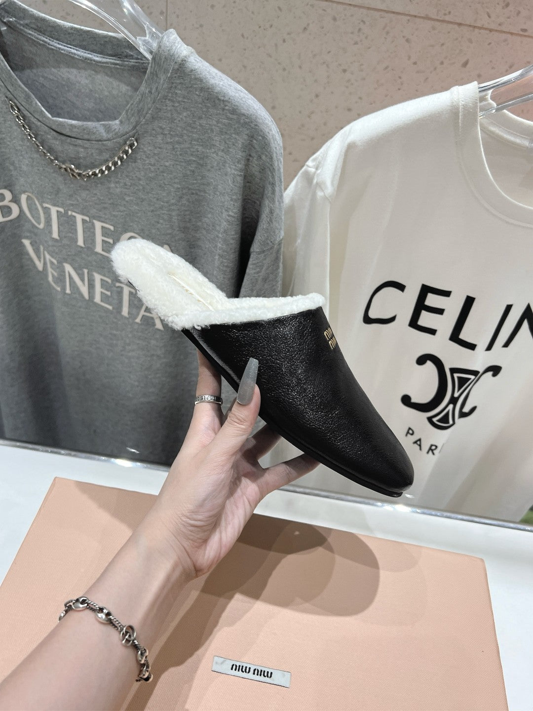 Miu Slippers Glossy Black Imported Sheepskin