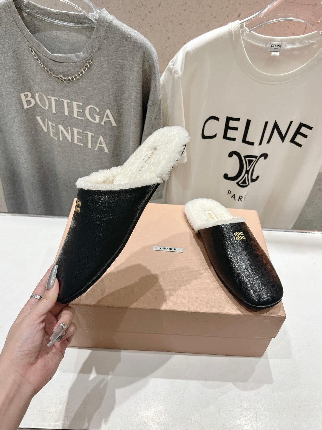 Miu Slippers Glossy Black Imported Sheepskin