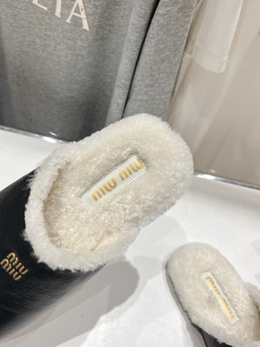 Miu Slippers Glossy Black Imported Sheepskin