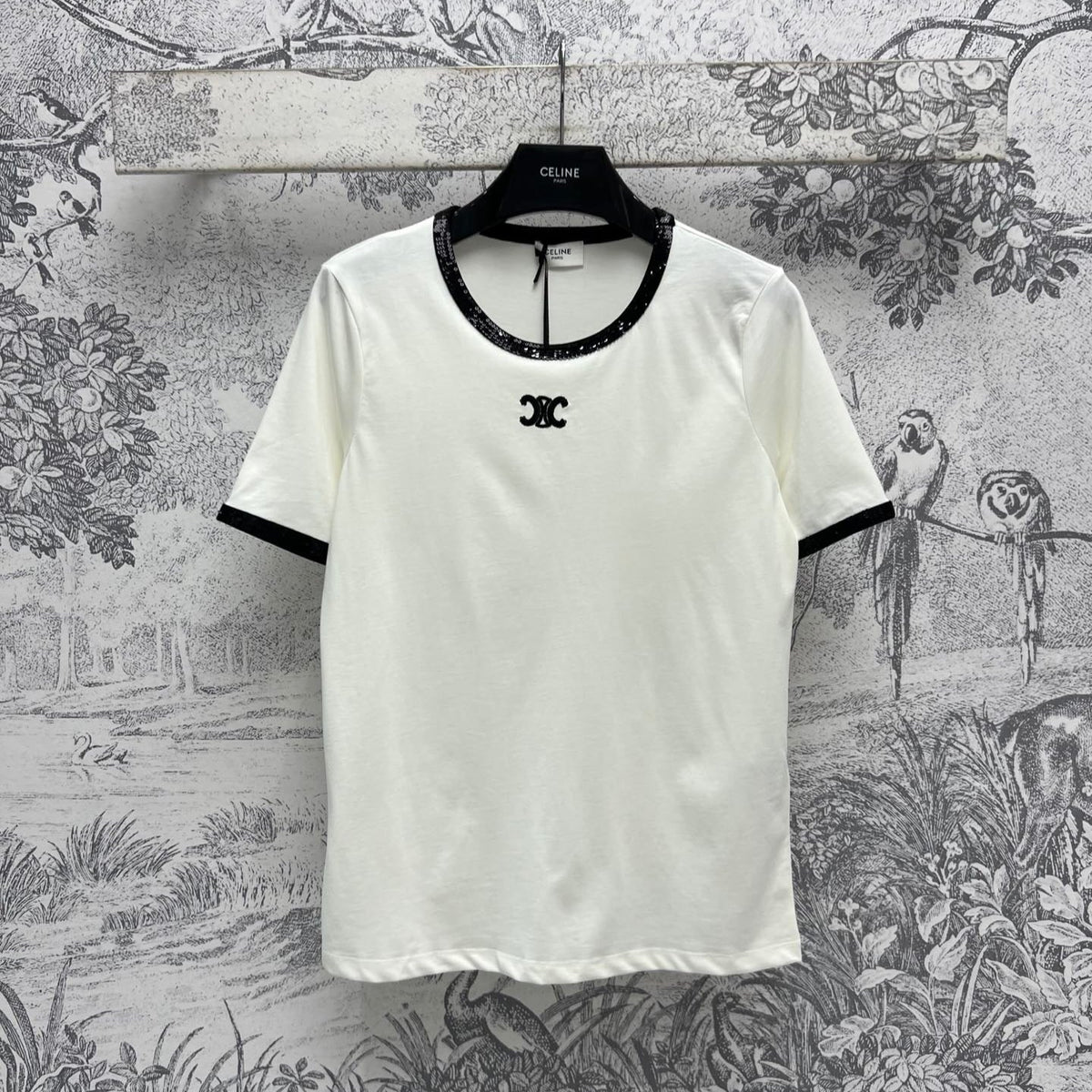 Celine 25 Embroidered Logo T-shirt White mix Black Cotton Polyester