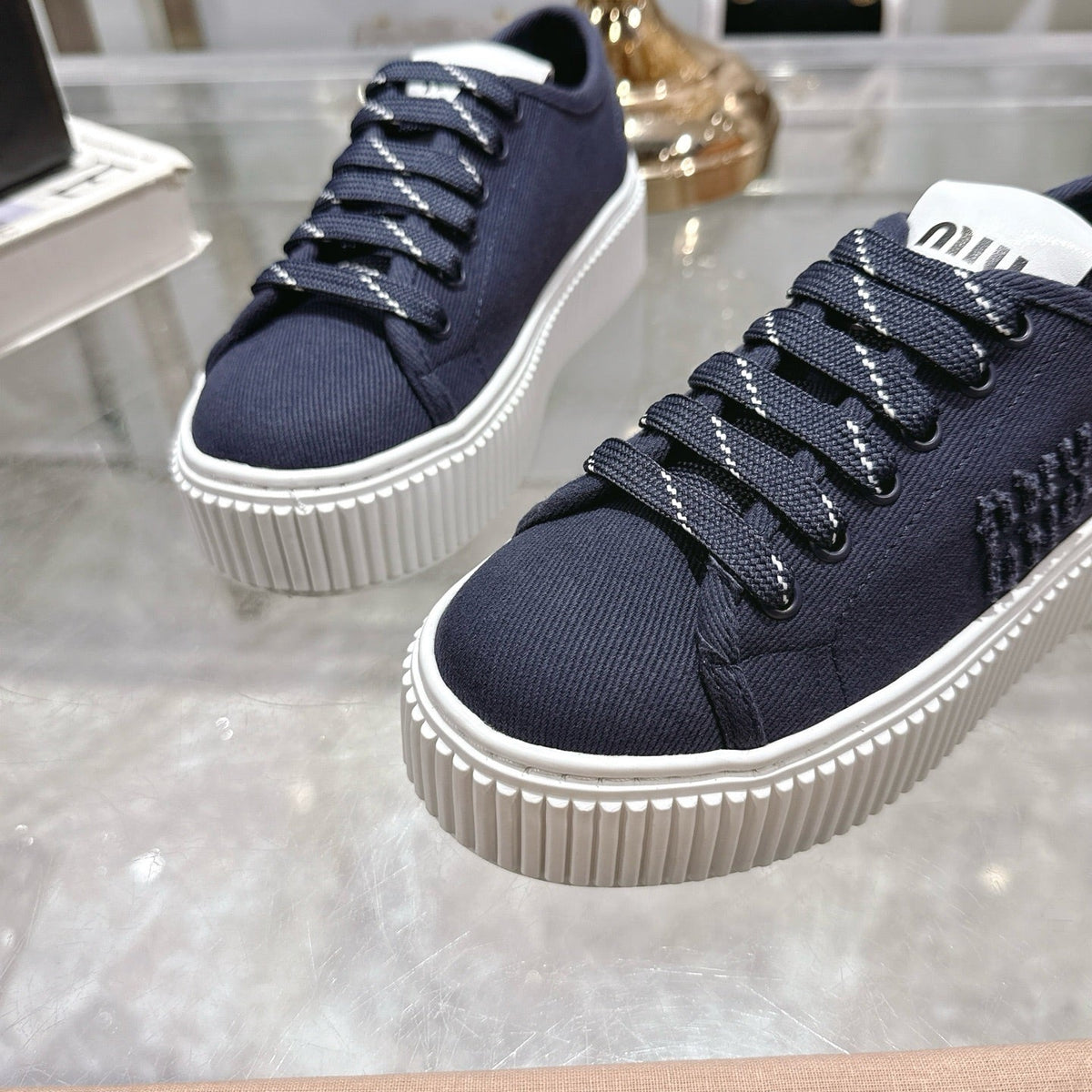Miu Sneaker with Logo Night Blue Demin Fabric 235312