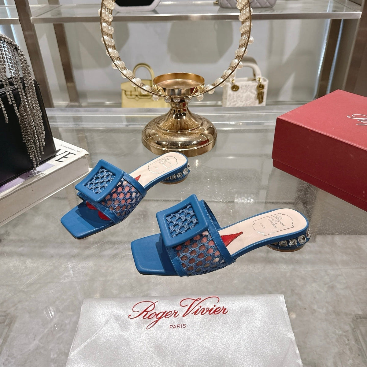 Viv 25 Hollow Square Buckle Slippers Blue Weaving Leather 263000