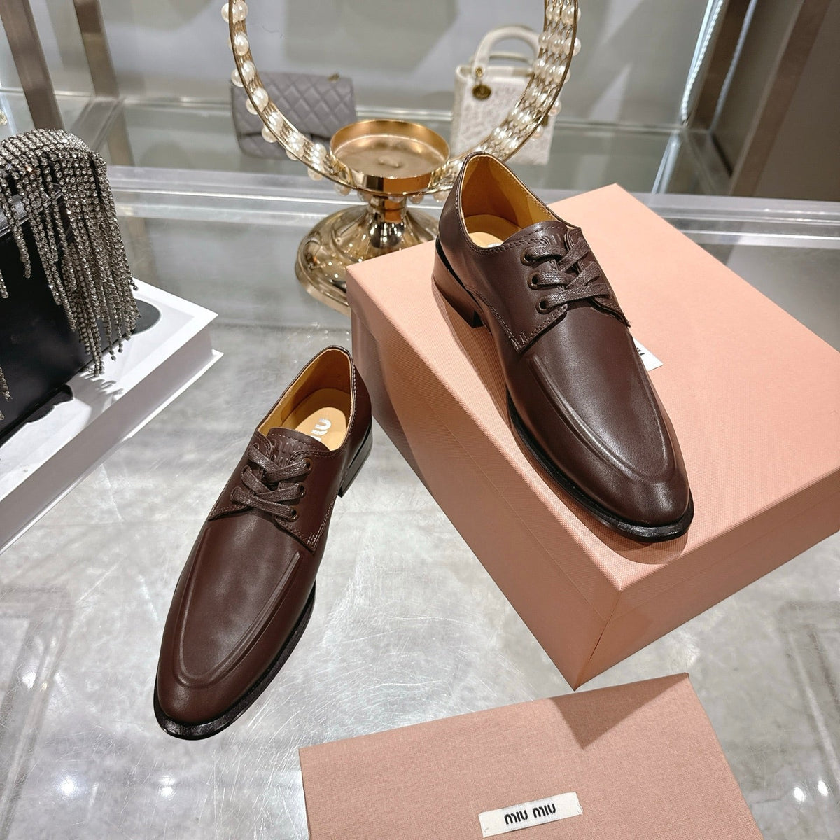 Miu Distressed Loafers  Brown Cowhide 592058
