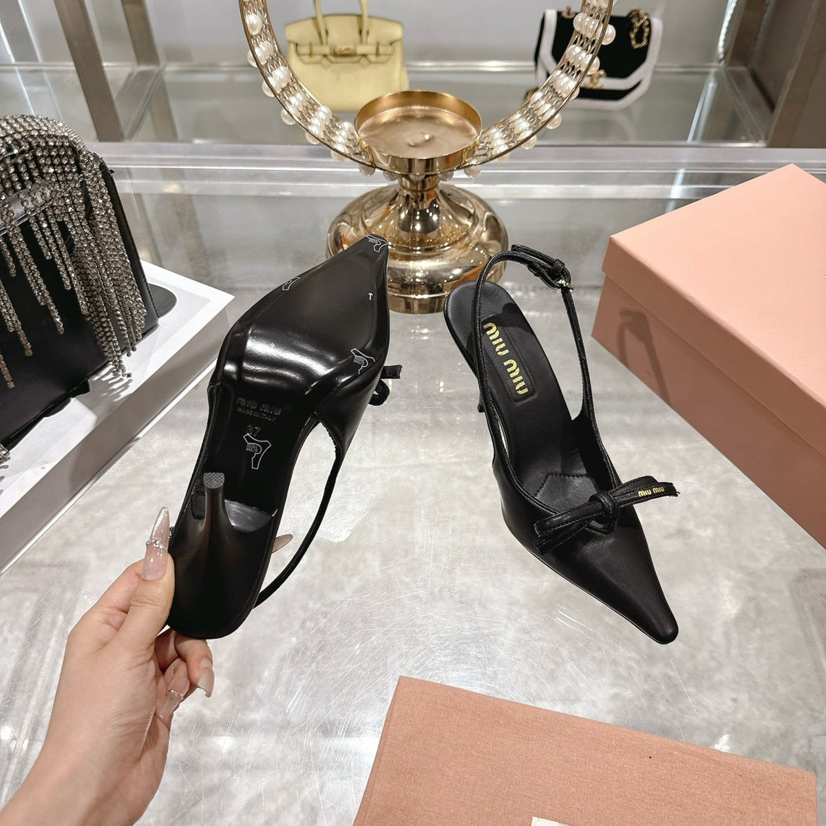 Miu 26 High Heel Slingback 80 Black Leather 592097
