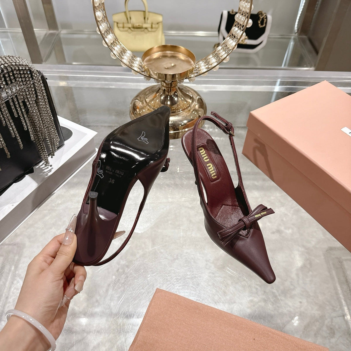 Miu 26 High Heel Slingback 80 Burgundy Leather 592098