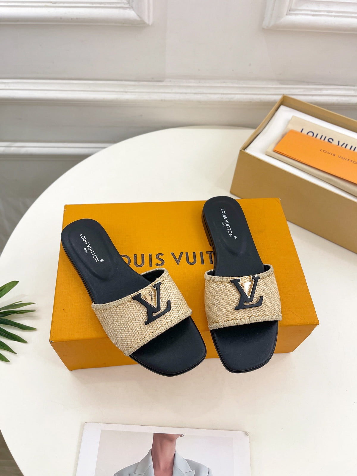 lv capri flat mule beige raffia black calfskin