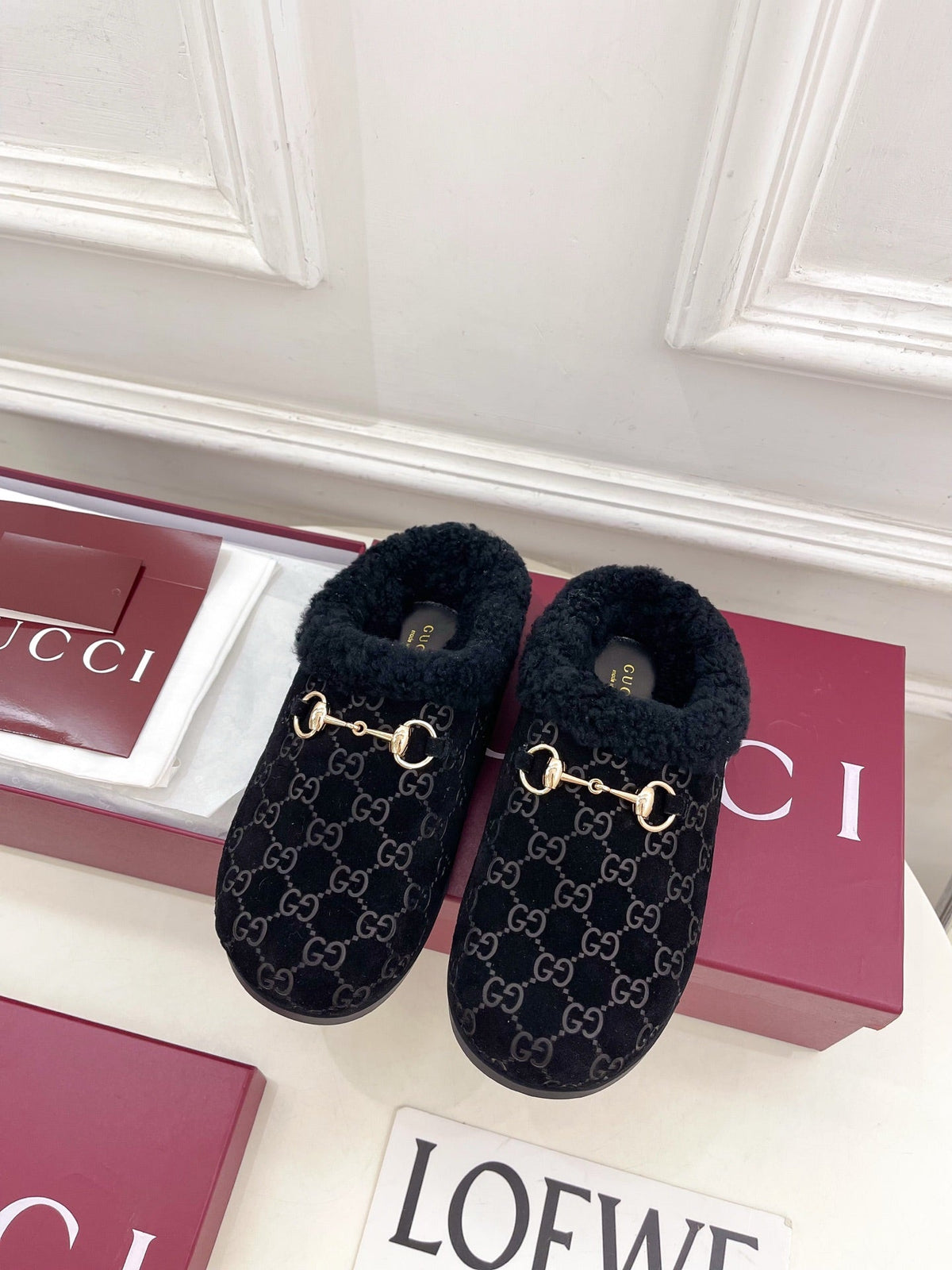 GG Horsebit Embossed Mule Black Suede And Wool 536050