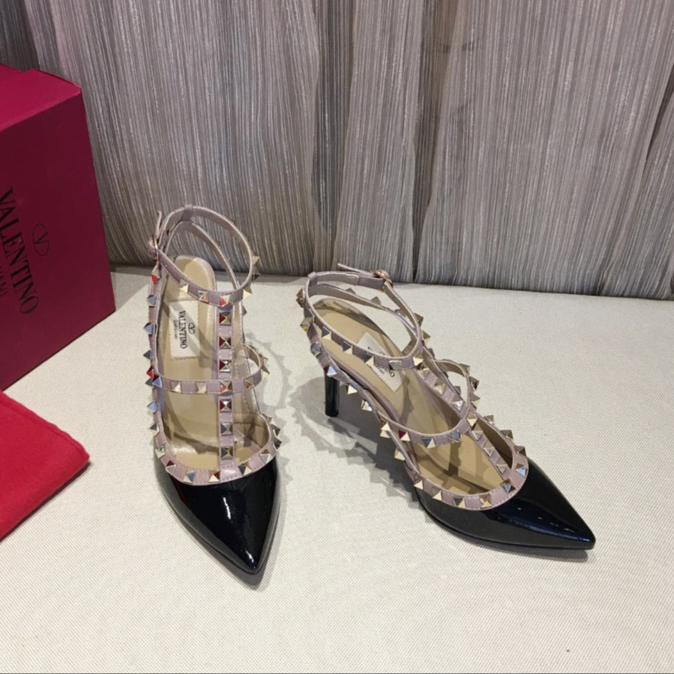 Valentino Rockstud Caged Pumps 100mm Black mix Nude Patent Leather 239638