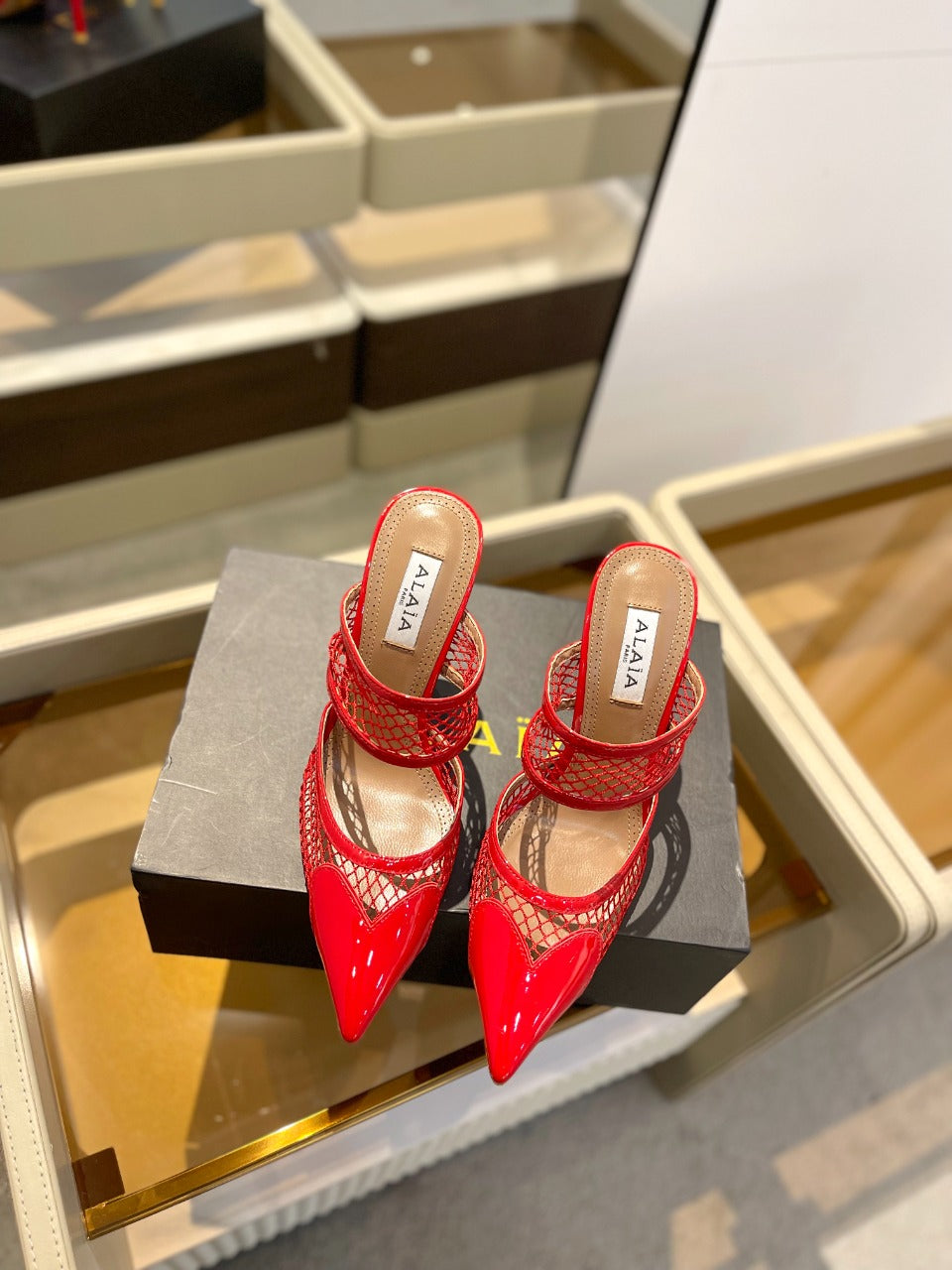 alaia mule 110 fishnet red heart lambskin