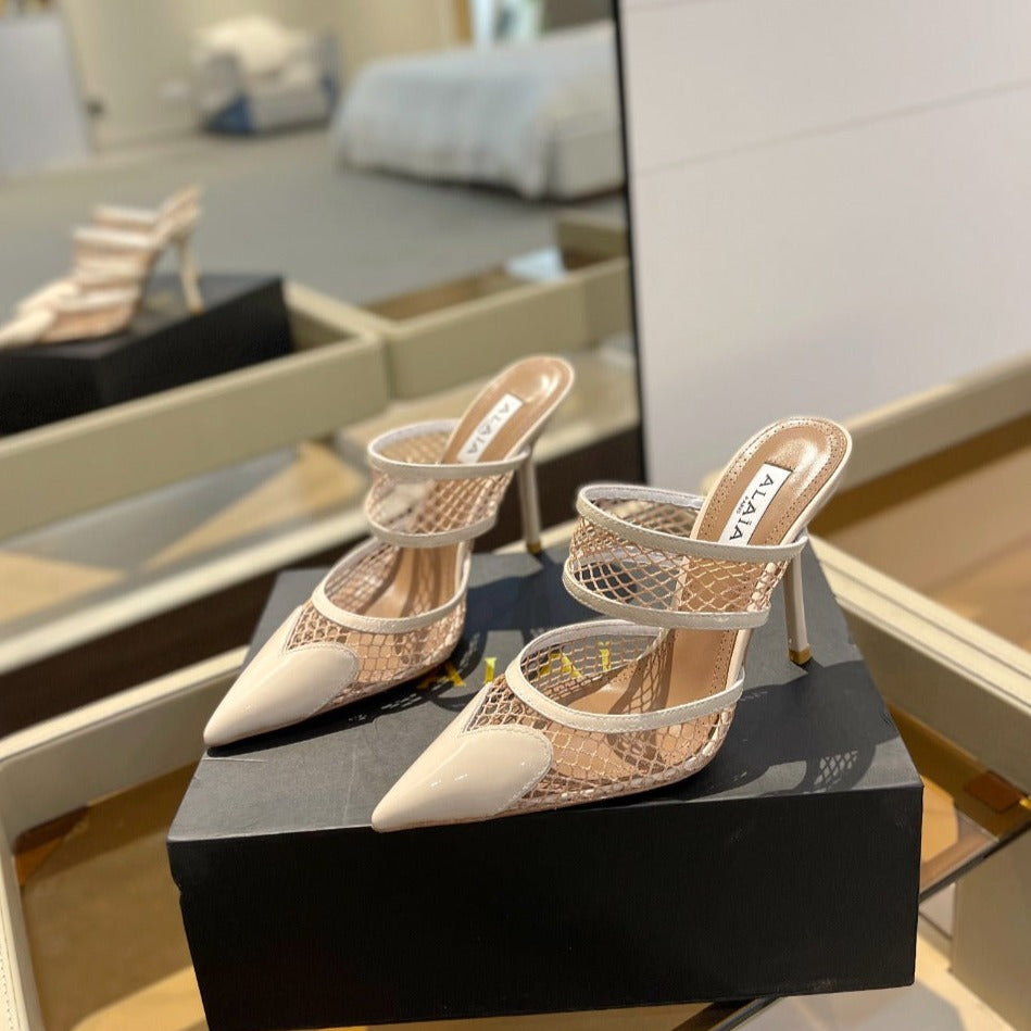 alaia mule 110 fishnet cream heart lambskin