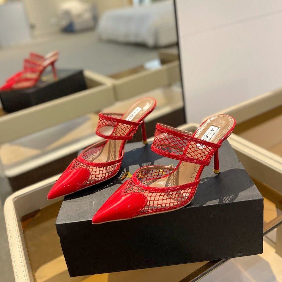 alaia mule 85 fishnet red heart lambskin