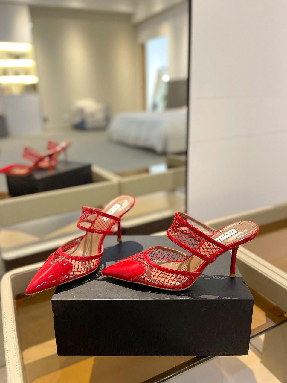 alaia mule 85 fishnet red heart lambskin