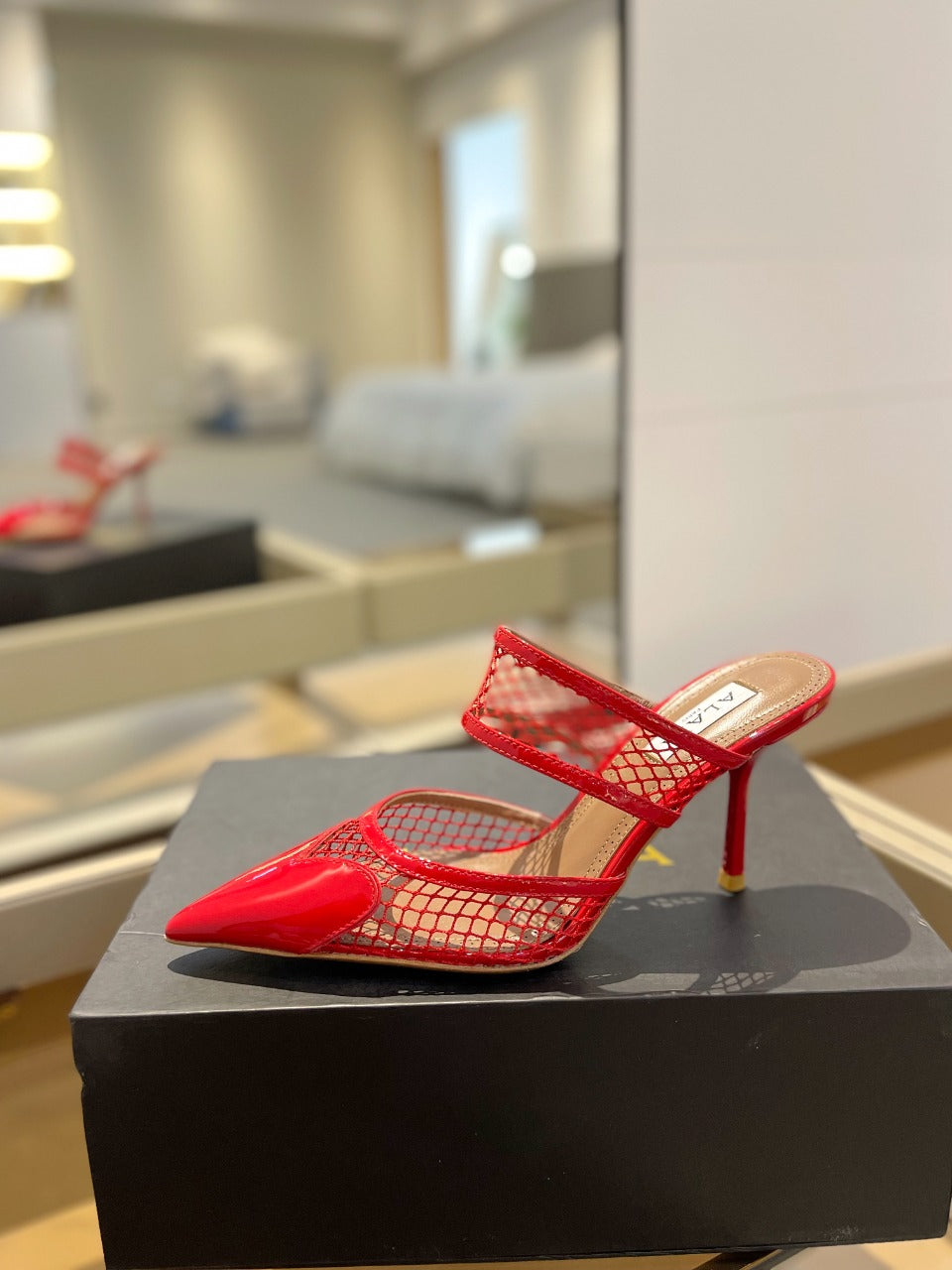 alaia mule 85 fishnet red heart lambskin