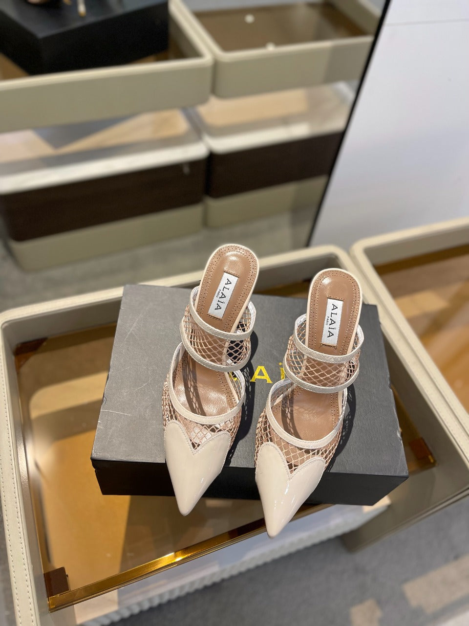 alaia mule 85 fishnet cream heart lambskin