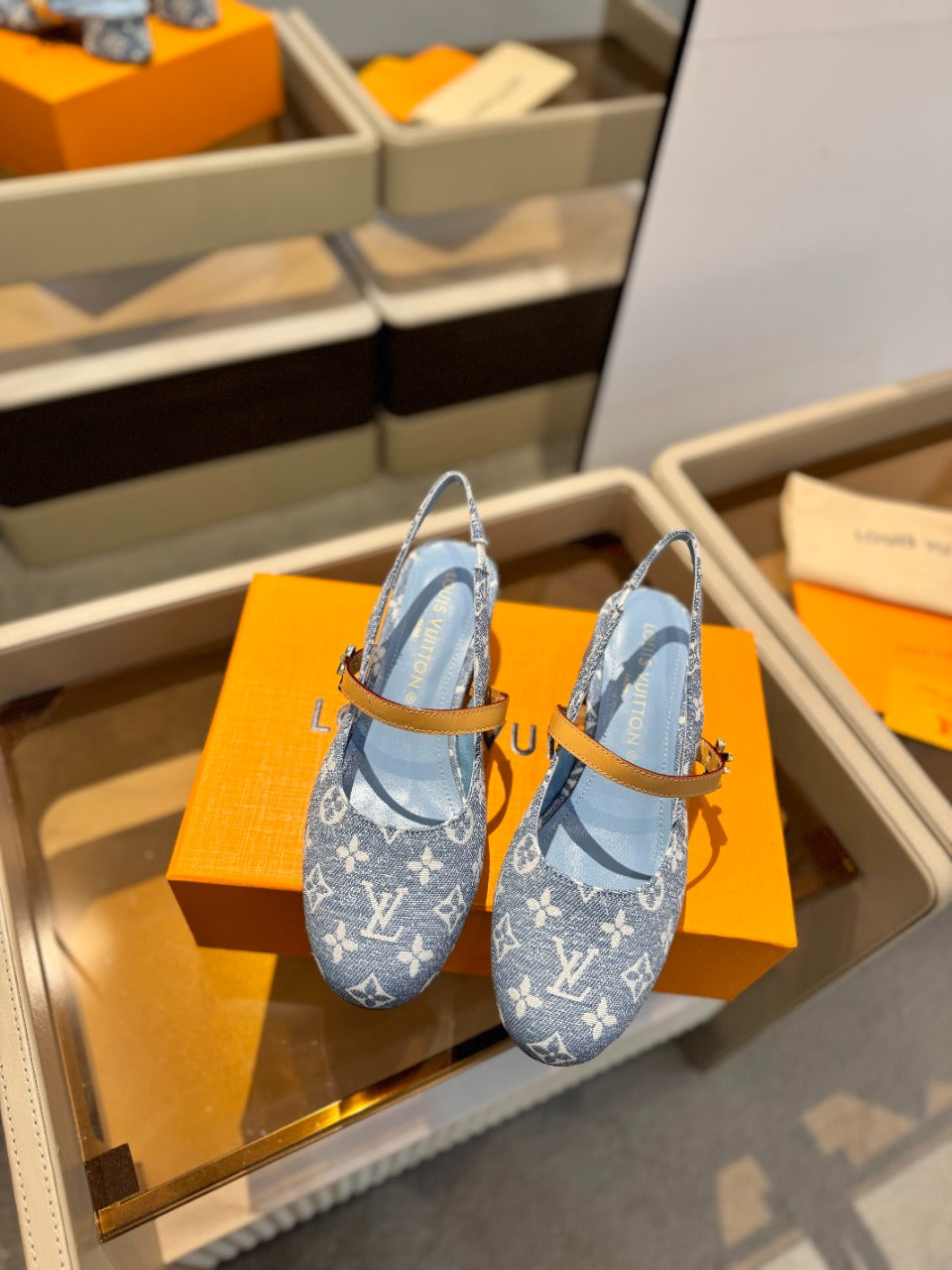 LV Romy Slingback Pump Light Blue Monogram Denim Fabric