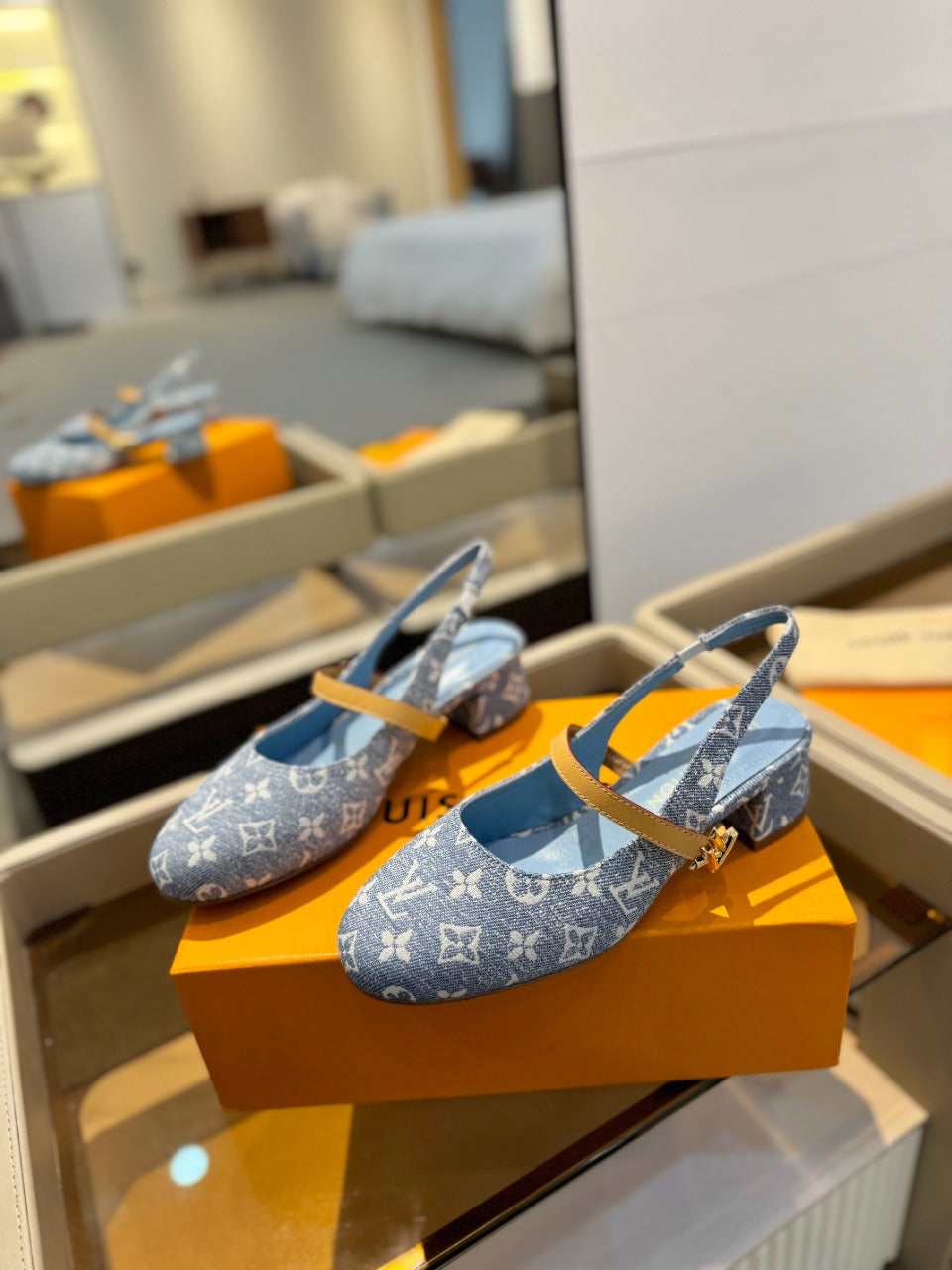 LV Romy Slingback Pump Light Blue Monogram Denim Fabric