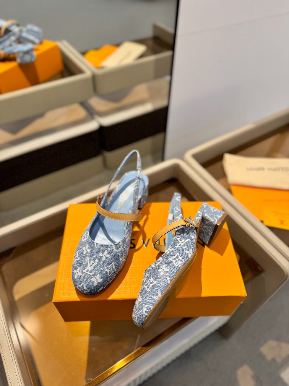 LV Romy Slingback Pump Light Blue Monogram Denim Fabric