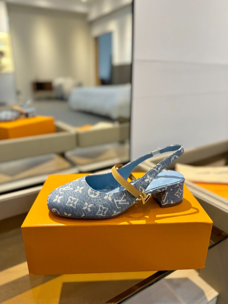 LV Romy Slingback Pump Light Blue Monogram Denim Fabric