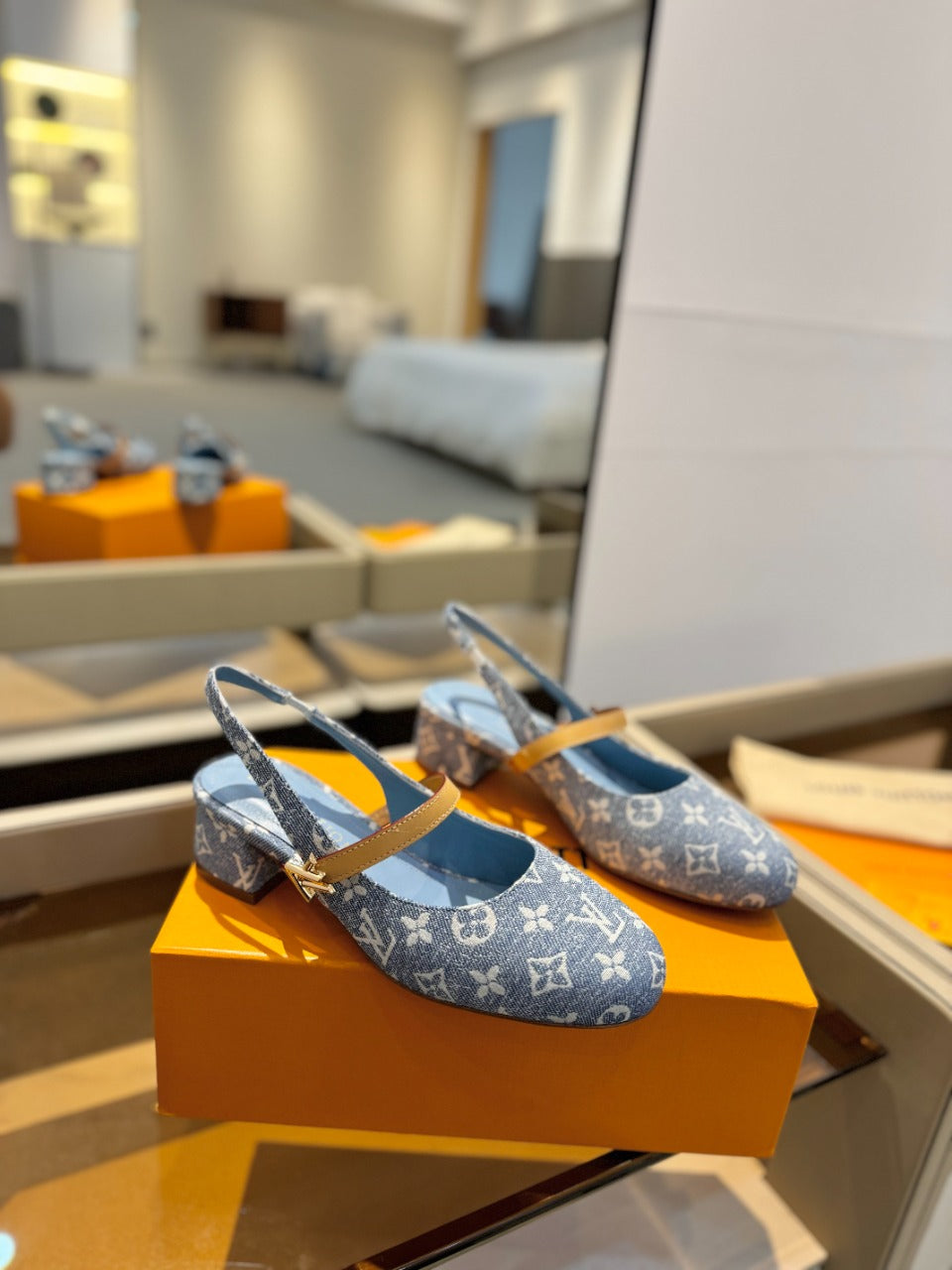LV Romy Slingback Pump Light Blue Monogram Denim Fabric