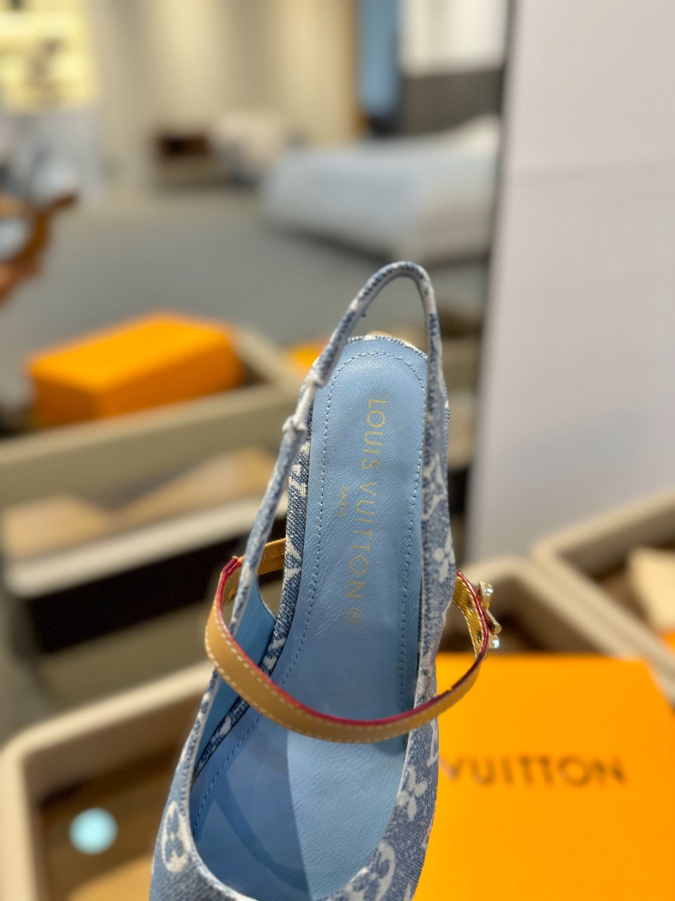LV Romy Slingback Pump Light Blue Monogram Denim Fabric