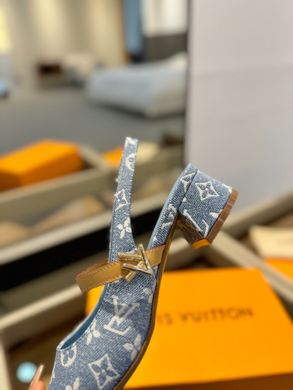 LV Romy Slingback Pump Light Blue Monogram Denim Fabric