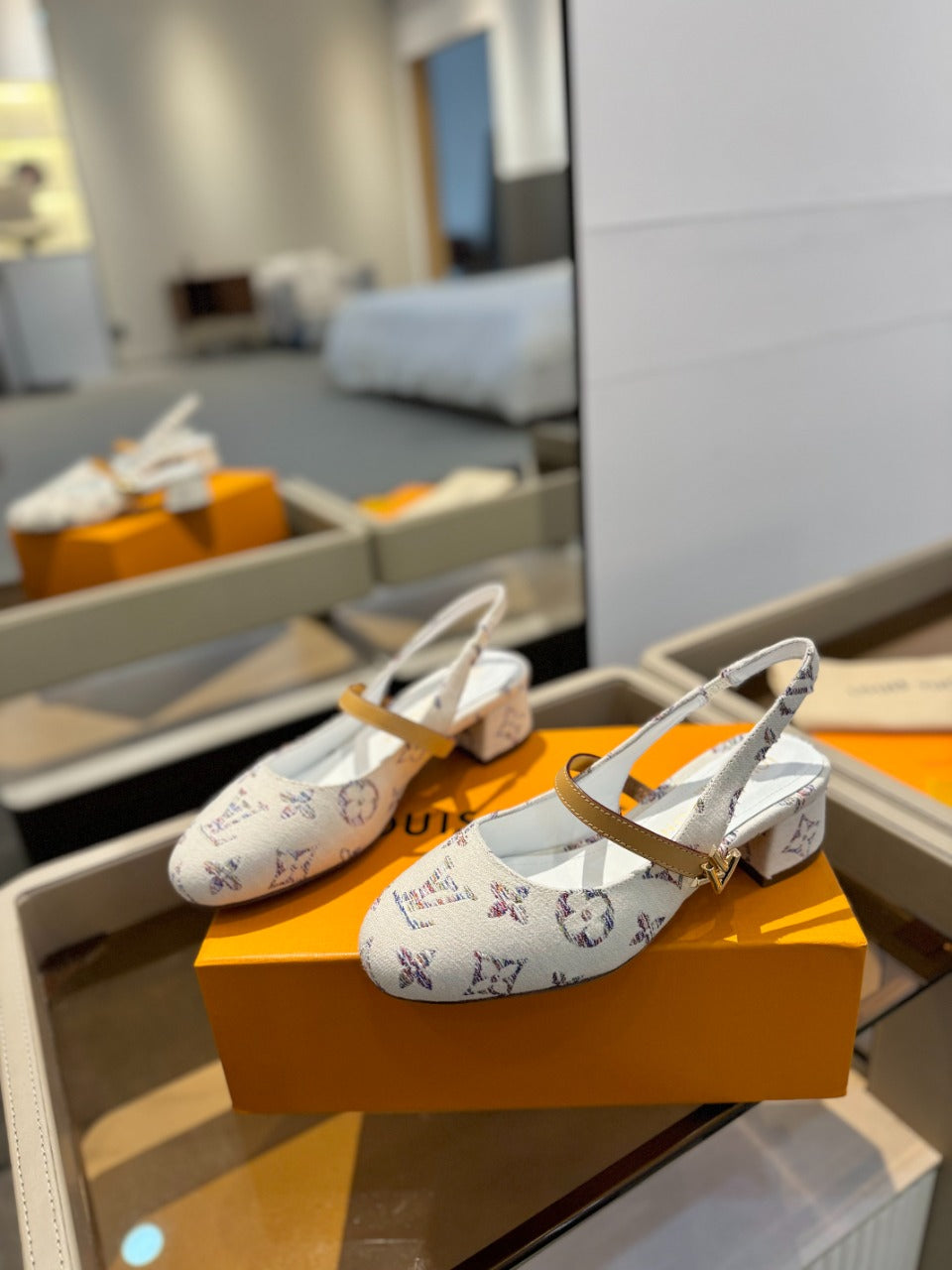LV Romy Slingback Pump White Monogram Denim Fabric