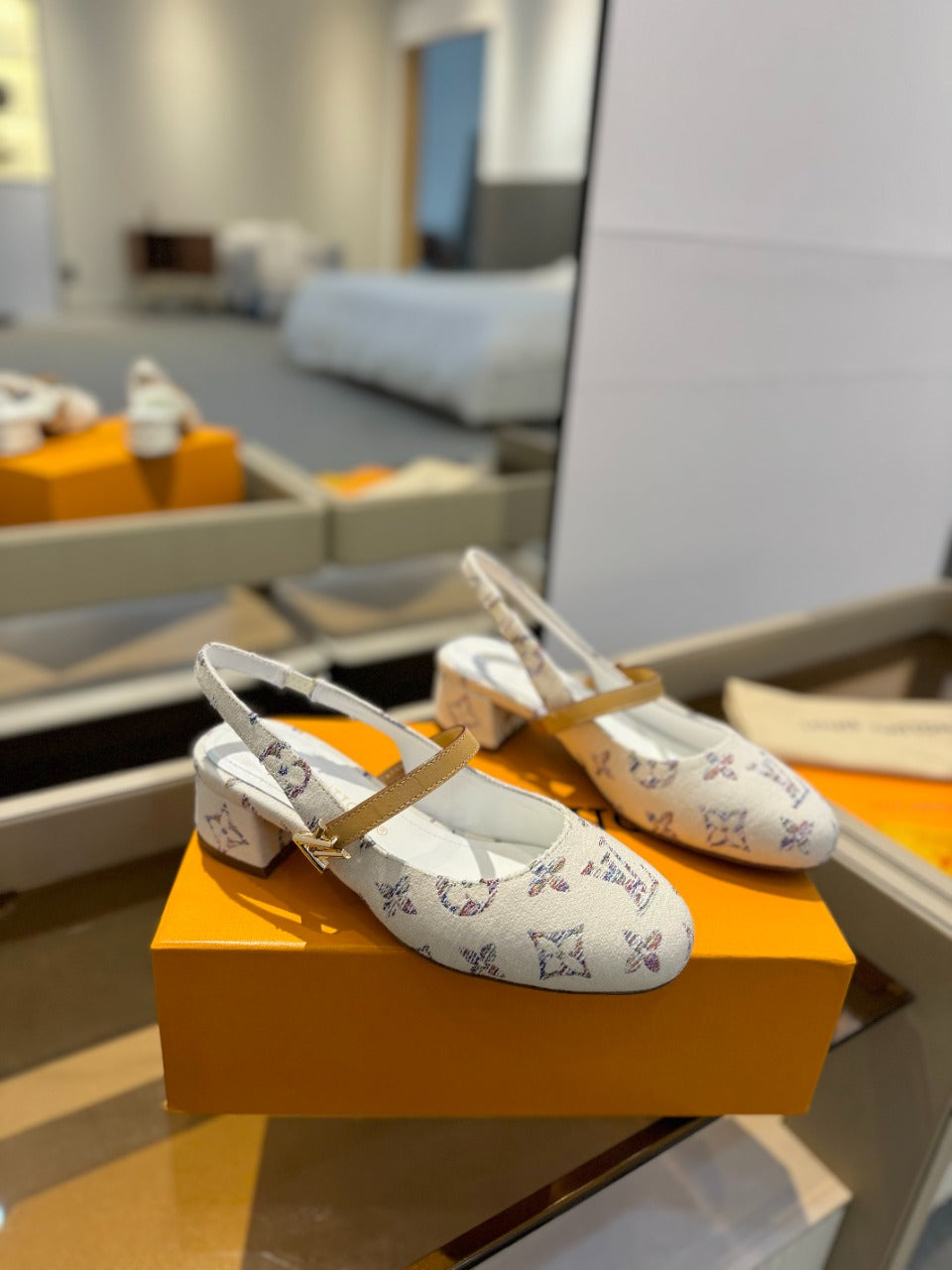 LV Romy Slingback Pump White Monogram Denim Fabric