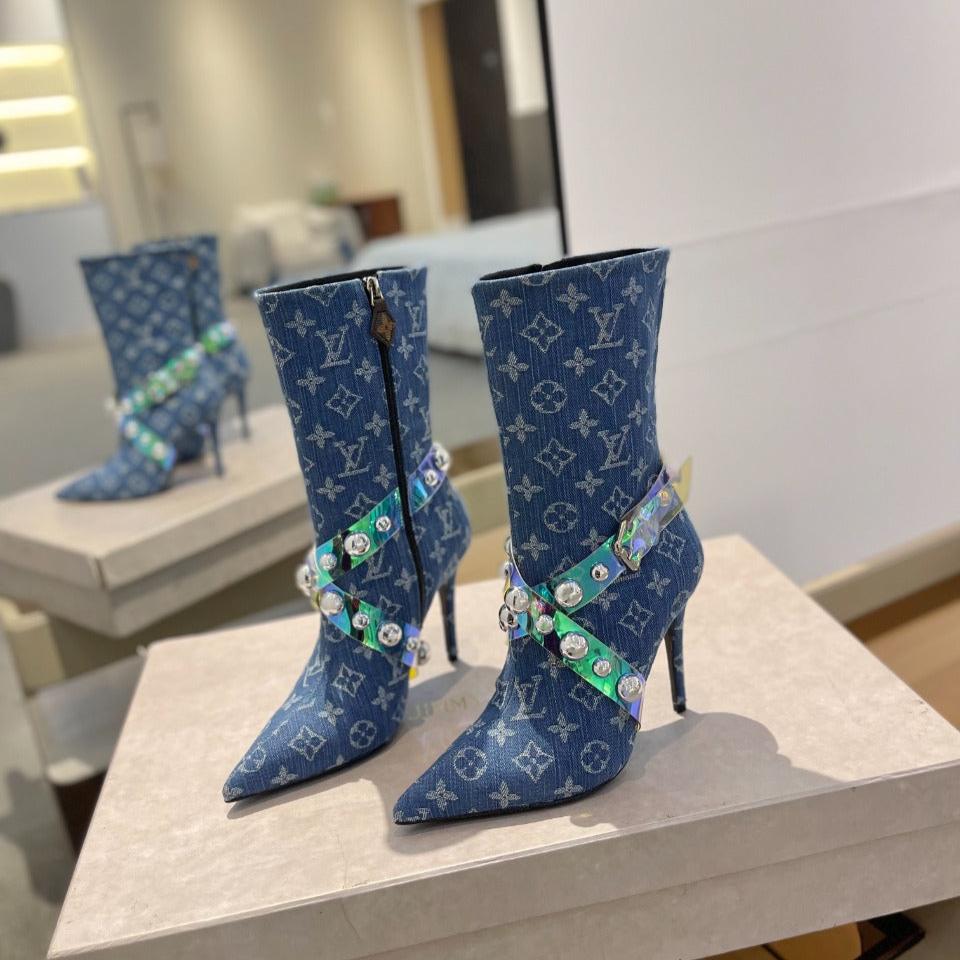 LV Ankle Boots 100mm Blue Monogram Jacquard Fabric