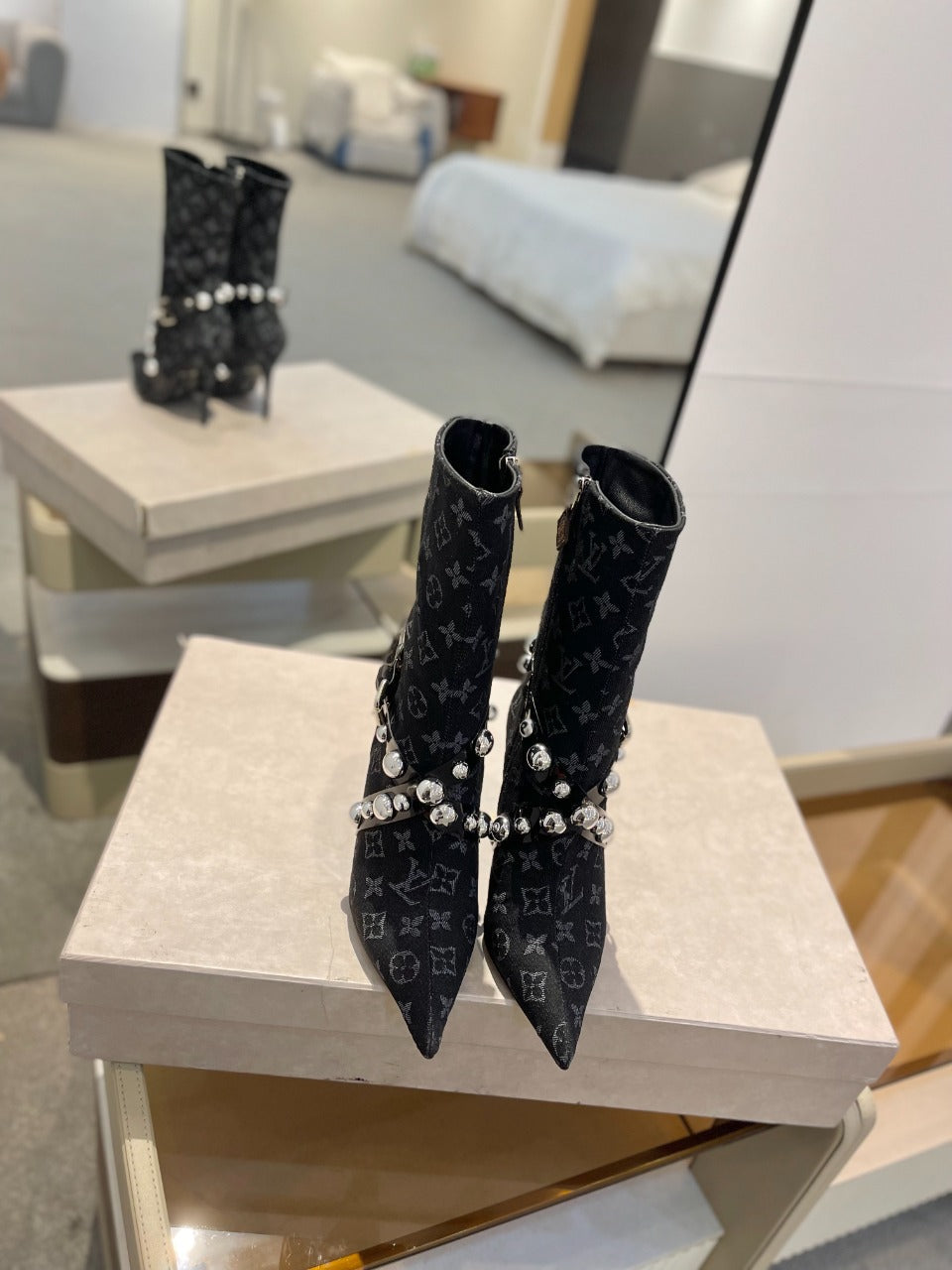 LV Ankle Boots 100mm Black Monogram Jacquard Fabric