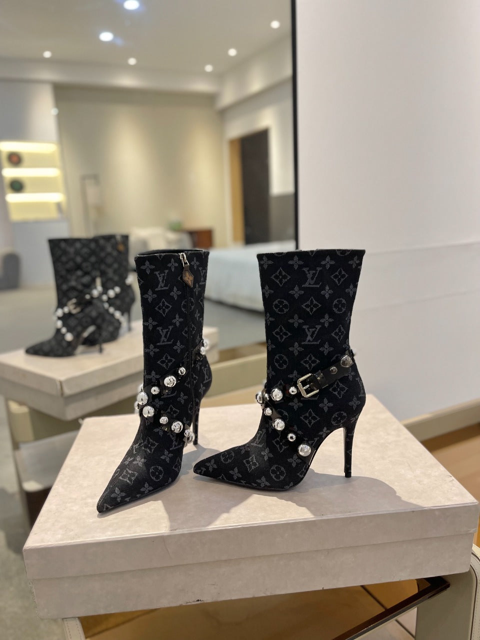 LV Ankle Boots 100mm Black Monogram Jacquard Fabric