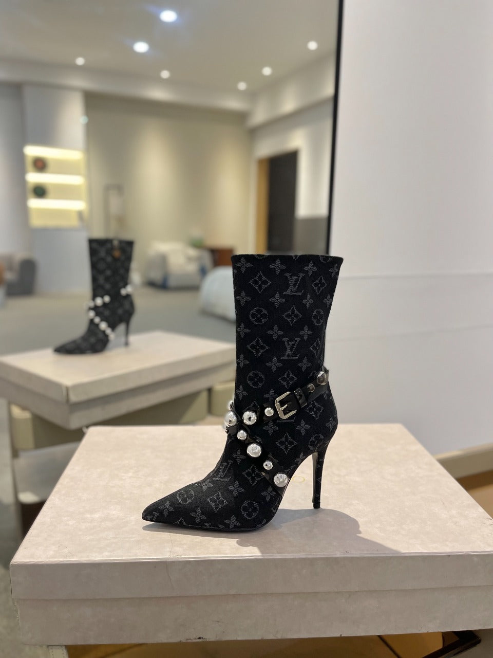 LV Ankle Boots 100mm Black Monogram Jacquard Fabric