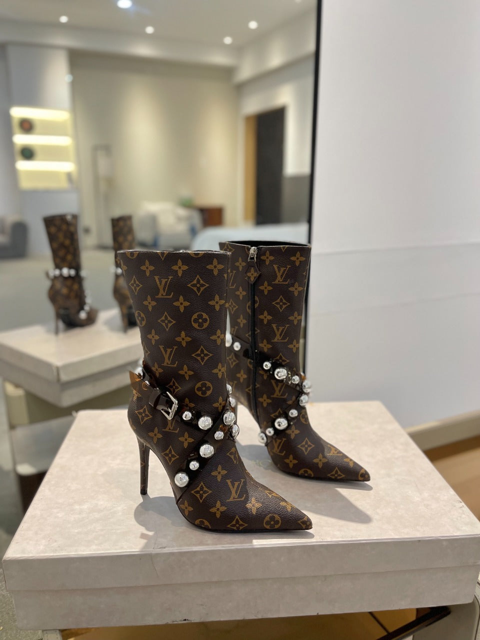 LV Ankle Boots 100mm Dark Brown Monogram Lambskin