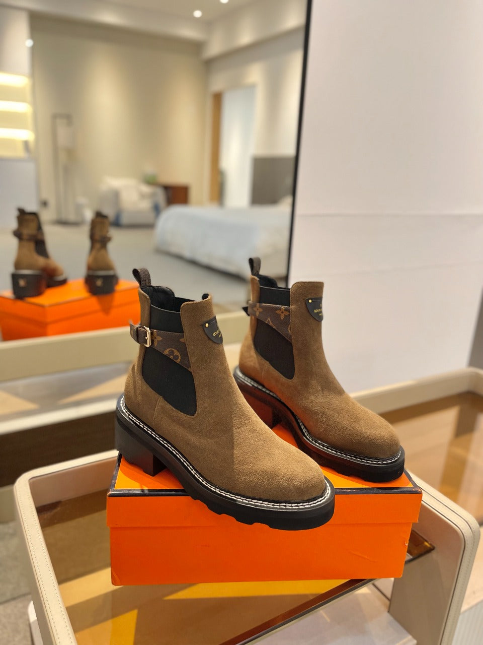 LV Beaubourg Ankle Boot 100mm Brown Yellow Suede