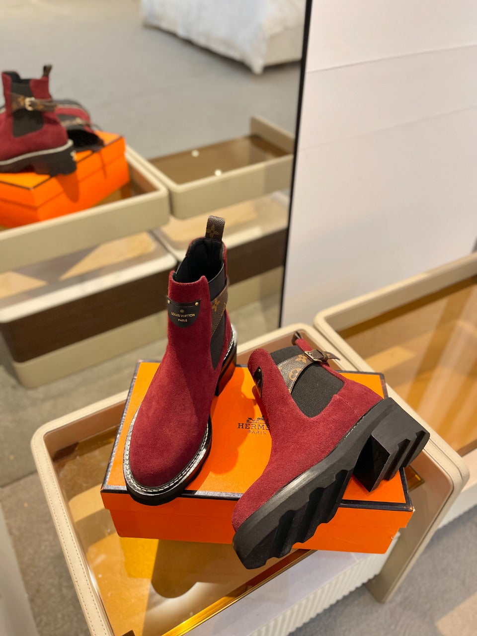 LV Beaubourg Ankle Boot 100mm Red Suede