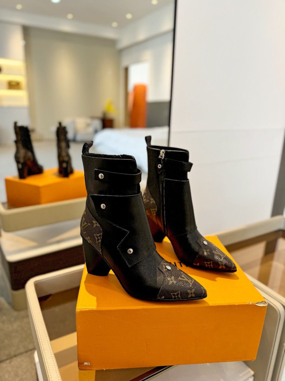 LV Trinity Ankle Boot 75mm Black Mix Dark Brown Monogram Calfskin