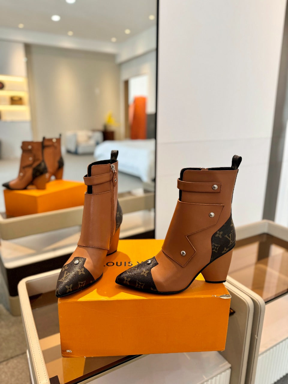 LV Trinity Ankle Boot 75mm Orange Brown Monogram Calfskin