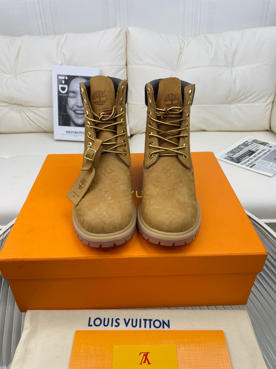 LV x Timberland Ankle Boot 50mm Brown Yellow Monogram Nubuck Leather